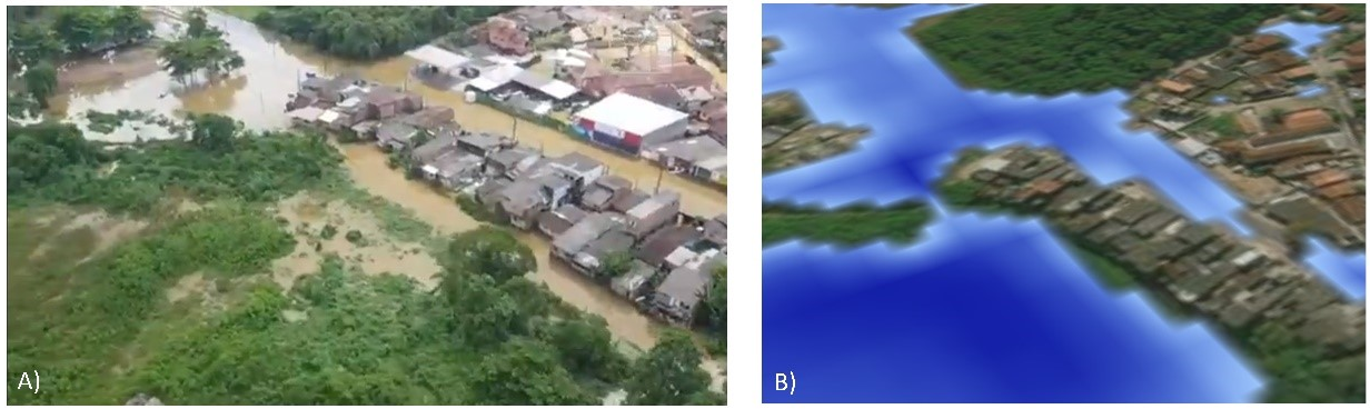 Inundações - Comparação entre a área efetivamente inundada pela tempestade (figura A; fonte: TV Vanguarda) e o resultado obtido por meio da modelagem