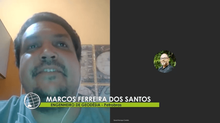 Homem ao lado de nome Marcos Ferreira dos Santos do Caso de sucesso da Petrobras em uma reunião de GIS online