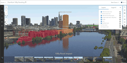 Cena 3D de Frankfurt destacando áreas de inundação de 100 anos, com edifícios em tons avermelhados onde há risco de alagamento e água cobrindo parte da cidade. No lado direito, há um painel de camadas e legendas que indicam níveis de enchente e outras informações do mapa.