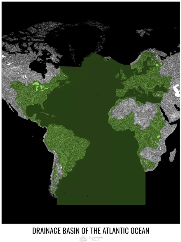 Mapa mundi com mancha verde no Atlântico e bacias próximas