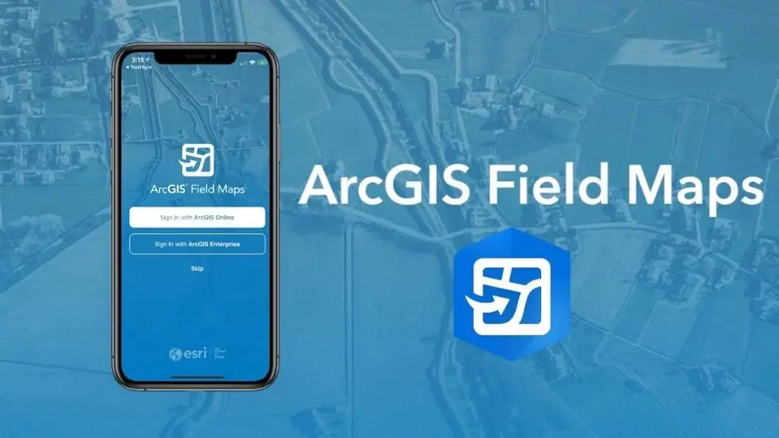 Celular na tela inicial e com logo do ArcGIS Field Maps ao lado, vista aérea ao fundo