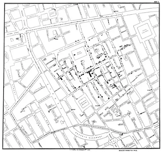 Mapa em preto e branco criado por Jonh Snow indicando localidades com ocorrência de cólera na região de Soho, em Londres. As ruas e os nomes das ruas estão detalhados no mapa.