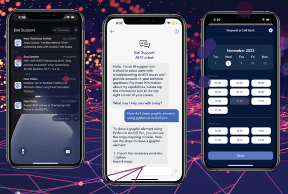 3 celulares com as telas mostrando algumas das funcionalidades descritas no texto, como a de notificação, chat com AI e relatórios de acompanhamento de bugs