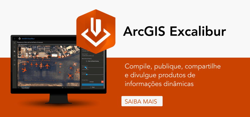 Tela de computador com logotipo do ArcGIS Excalibuir e frase: Compile, publique, compartilhe e divuglue produtos de informações dinâmicas