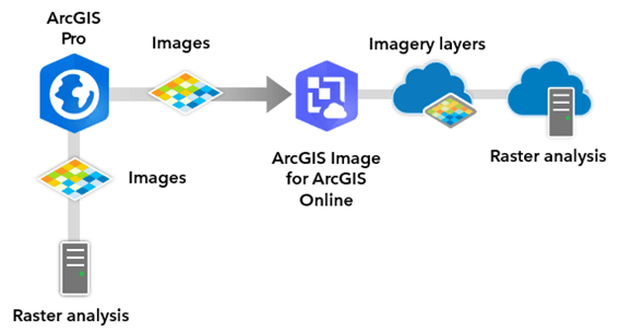 fluxo saindo do ArcGIS Pro, indo para Images, ArcGIS Image, Imagery layers e finalizando no Raster Analysis. Outro fluxo sai do ArcGIS Pro e vai para Images e direto para Raster Analysis