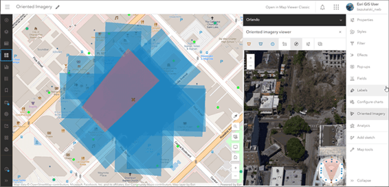 Ferramentas do Map Viewer camadas de imagens orientadas, incluindo Editar, Filtrar, Estilos, Pop-ups e Rótulos ArcGIS Instant Apps