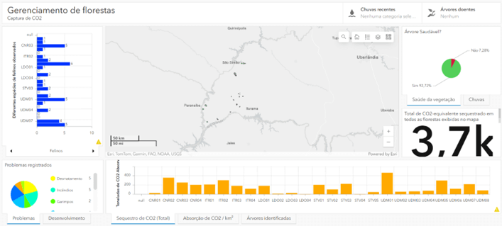 Painel criado no ArcGIS com Gerenciamento de flores e captura de CO2, com problemas registrados e total de CO2 sequestrado