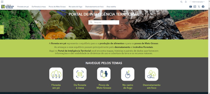 Portal de Inteligência Territorial do ICV com temas como florestas de pé, da floresta à mesa, povos do mato grosso, dentre outros