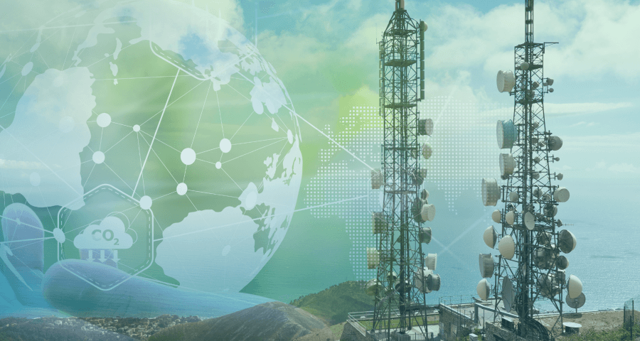 Imagem Ilustrativa - duas torres de transmissão de telecomunicações com um globo com destaque do gás carbônico