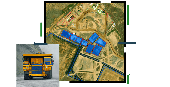 Imagem ilustrativa: foto aérea de uma instalação de mineração ao lado de uma foto de trator