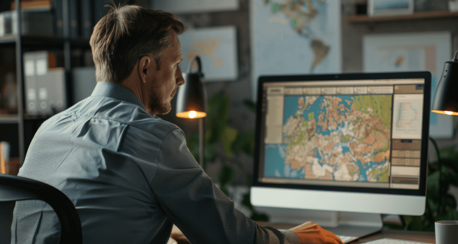 homem de costas usa arcgis no computador