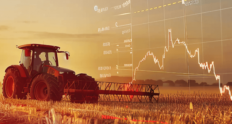 trator em campo agrícola com gráficos de produção representando agronegócio