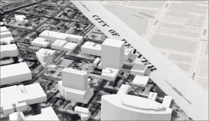Visualização 3D de edifícios em Denver, exibindo uma paisagem urbana renderizada em tons de cinza.