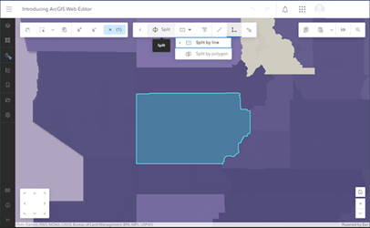 Ferramenta de edição na web do ArcGIS, com opções para dividir polígonos por linha ou por outro polígono.