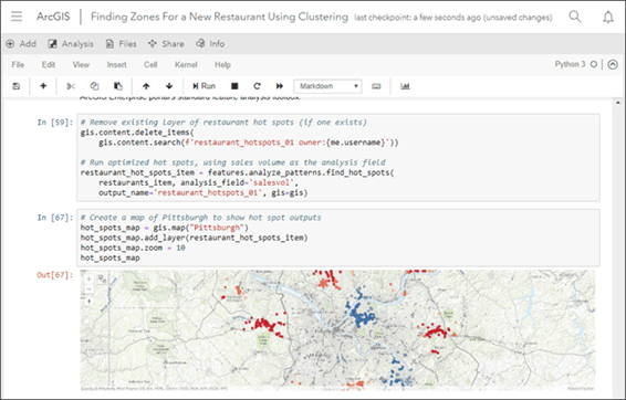 Interface de notebook ArcGIS exibindo um código em Python para análise de clustering de zonas, com visualização de hotspots em Pittsburgh.