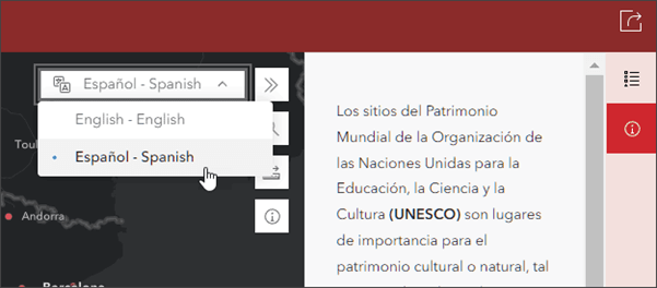 Interface de troca de idioma para espanhol em um mapa interativo da UNESCO, com opções de idiomas no menu suspenso.