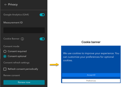 Configurações de privacidade no ArcGIS Online, com opções para ativar um banner de cookies e definir preferências de consentimento, incluindo o uso de Google Analytics (GA4).