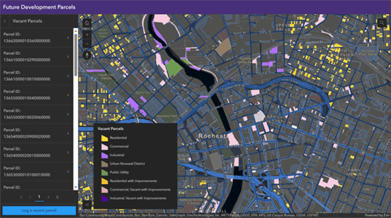 Mapa interativo de parcelas de desenvolvimento futuro em Rochester, categorizadas por uso do solo como residencial, comercial e industrial, com informações de lotes exibidas na lateral.