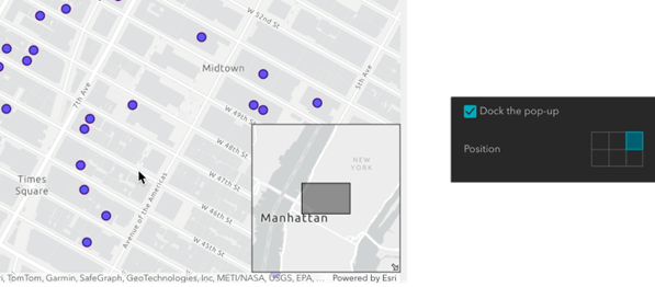 Mapa de Nova York com pontos indicativos e uma janela pop-up ancorada. A interface permite configurar a posição do pop-up no mapa.