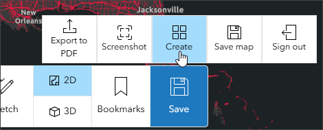 Menu de criação no ArcGIS, destacando opções como exportação para PDF, capturas de tela, criação de mapas e bookmarks.