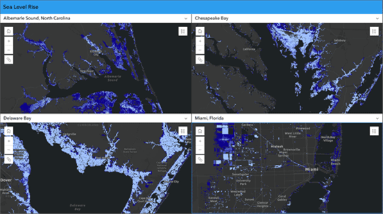 Visualizador de elevação do nível do mar em várias áreas costeiras dos Estados Unidos, com mapas geográficos de regiões como a Baía de Chesapeake e Miami.