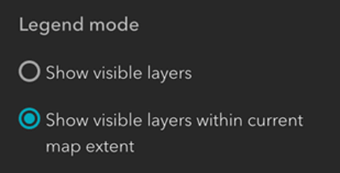 Opções de configuração para o modo de legenda no ArcGIS Online, com a escolha entre mostrar camadas visíveis ou apenas aquelas dentro da extensão atual do mapa.