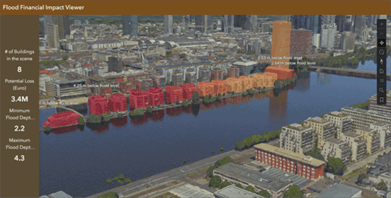 Visualizador de impacto financeiro de enchentes, mostrando a profundidade potencial da inundação em áreas urbanas e o impacto financeiro estimado.