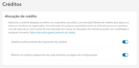 Painel de alocação de crédito no ArcGIS Online, com opções para habilitar ferramentas de orçamento de créditos e exibir créditos disponíveis para cada membro na página de configurações.
