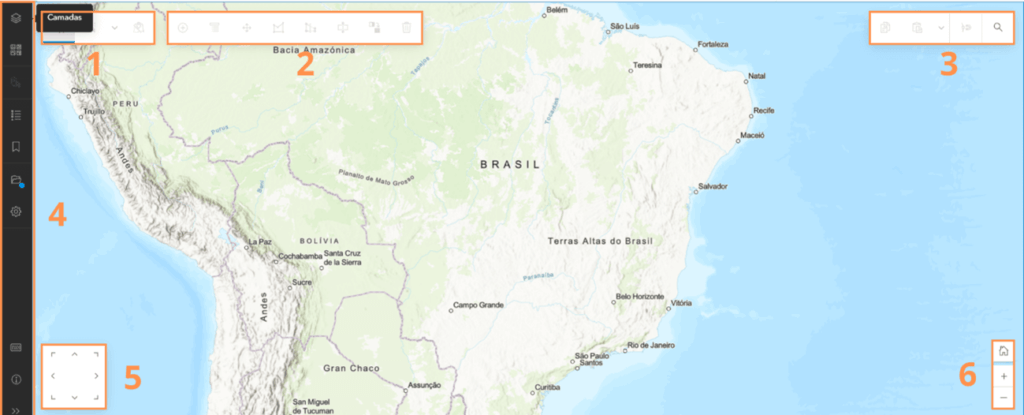 Mapa interativo do Brasil exibido no ArcGIS Online, com elementos de interface destacados, como o painel lateral de camadas à esquerda (1), ferramentas de edição e análise no topo (2), ferramentas de busca e navegação à direita (3), opções de controle e navegação à esquerda (4), controle de zoom no canto inferior direito (6), e controle de navegação no canto inferior esquerdo (5).