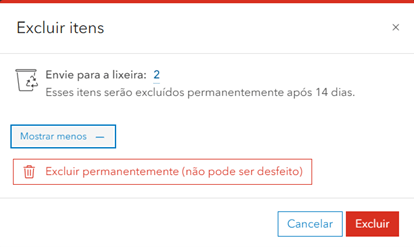 Captura de tela do ArcGIS Online mostrando o processo de restauração de itens da lixeira. A imagem destaca a aba 'Itens excluídos', o botão 'Restaurar' e o campo para selecionar a pasta de destino na qual o item restaurado será movido. Há também uma nota informando que itens restaurados não são compartilhados automaticamente