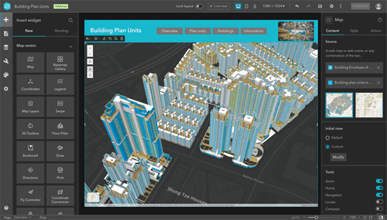 Interface de edição de unidades de planejamento de edifícios com um mapa 3D detalhado de uma área urbana densamente construída.