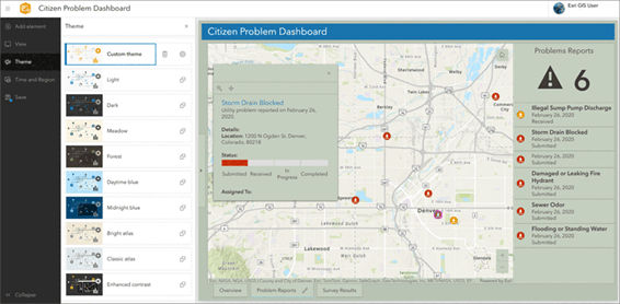 Dashboard para problemas relatados por cidadãos com um mapa de localização de ocorrências e opções de customização de tema.