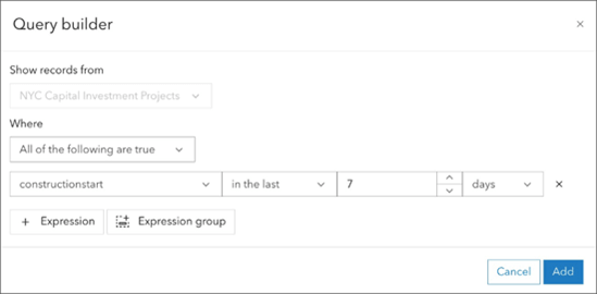 Interface do construtor de consultas (Query Builder) mostrando uma consulta que filtra projetos de investimento de capital em Nova York com base na data de início da construção nos últimos 7 dias.