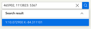 Caixa de pesquisa no ArcGIS Online, mostrando coordenadas geográficas como resultados de busca ao inserir valores numéricos específicos.