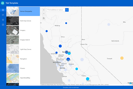 Mapa no ArcGIS com pontos de dados geoespaciais destacados sobre o mapa de base. À esquerda, há uma galeria de mapas base disponíveis, incluindo opções como Human Geography e OpenStreetMap.