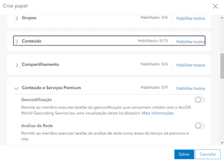 Janela de criação de papéis no ArcGIS Online, mostrando as opções de habilitar permissões para conteúdos e serviços premium, como geocodificação e análise de rede.