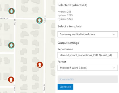 Janela de geração de relatórios de inspeção de hidrantes no ArcGIS Online, permitindo selecionar templates e definir configurações de saída, como o formato do relatório em Word.