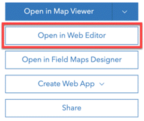 Menu do ArcGIS Online com a opção 'Open in Web Editor' destacada, que permite abrir mapas para edição na interface do editor web.