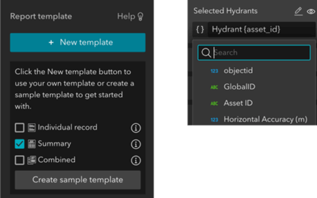 Interface de criação de relatórios no ArcGIS Online, com a opção de selecionar templates, como relatórios individuais ou combinados, e a lista de hidrantes selecionados com atributos como objectid e precisão horizontal.