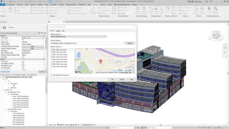 Painel com mapa e 3D de prédio georreferenciamento de documentos do Revit 