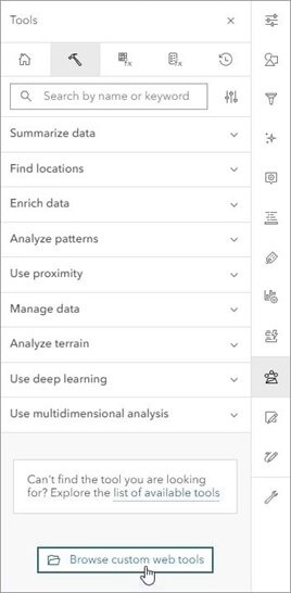 Interface de ferramentas do ArcGIS destacando a opção de explorar ferramentas web personalizadas, com várias opções de análise disponíveis.
