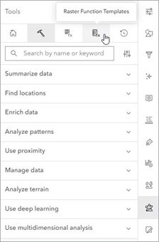 Menu de ferramentas no ArcGIS com opções para análise de dados, localização, padrões e proximidade, além de funções para aprendizagem profunda e análise multidimensional.