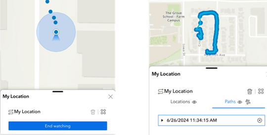 Captura de tela de um caminho de localização registrado no ArcGIS Online, mostrando o trajeto percorrido em um mapa com um ponto azul indicando a posição atual.