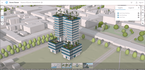 Visualização de cena urbana em Zurique, com prédios detalhados e vegetação em um mapa 3D interativo.