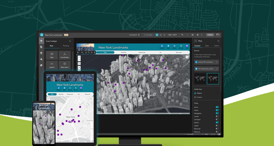 Imagem mostrando diferentes dispositivos (computador, tablet e smartphone) exibindo o mesmo mapa interativo de pontos de referência em Nova York. O mapa inclui marcadores roxos que indicam locais de interesse, com a interface do ArcGIS permitindo a edição e personalização do conteúdo em cada dispositivo. Ao fundo, a interface do ArcGIS exibe uma visualização em 3D da cidade, destacando a flexibilidade do sistema em diversas plataformas.