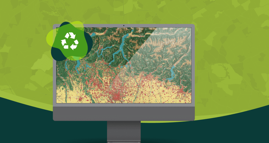 Ilustração de uma tela de computador exibindo um mapa geoespacial com destaque para um ícone de reciclagem. A imagem simboliza a importância da recuperação de dados no ArcGIS Online através da funcionalidade de lixeira.