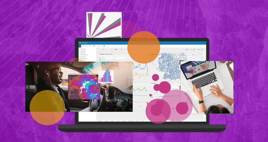 Ilustração de um laptop sobre um fundo roxo, exibindo gráficos e mapas na tela, com elementos visuais coloridos sobrepostos. À esquerda, uma pessoa utiliza um dispositivo enquanto dirige, e à direita, uma pessoa trabalha em um laptop. A imagem combina elementos tecnológicos e visuais representando análise de dados e geoprocessamento.