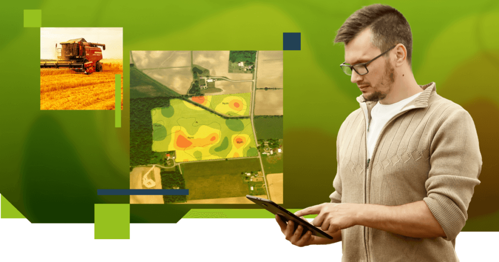 Um homem com óculos e suéter bege, segurando um tablet, olha para a tela enquanto interage com o dispositivo. Ao fundo, à esquerda, há duas imagens sobrepostas: uma foto de uma colheitadeira em ação em um campo de colheita e outra mostrando um mapa de calor agrícola em tons de verde, amarelo e vermelho, indicando diferentes áreas de produtividade. O fundo geral da imagem é verde, com elementos gráficos retangulares em tons de verde e azul, destacando a conexão entre tecnologia e agricultura.