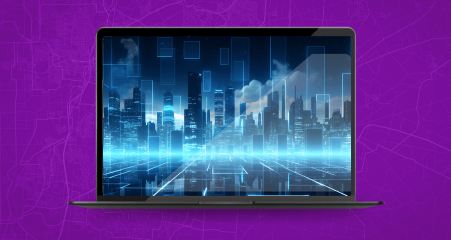 Representação digital de uma cidade futurista exibida na tela de um laptop, destacando-se por suas luzes azuis vibrantes e estruturas elevadas, com caminhos de dados que parecem fluir da cidade para o espectador, em um cenário noturno.