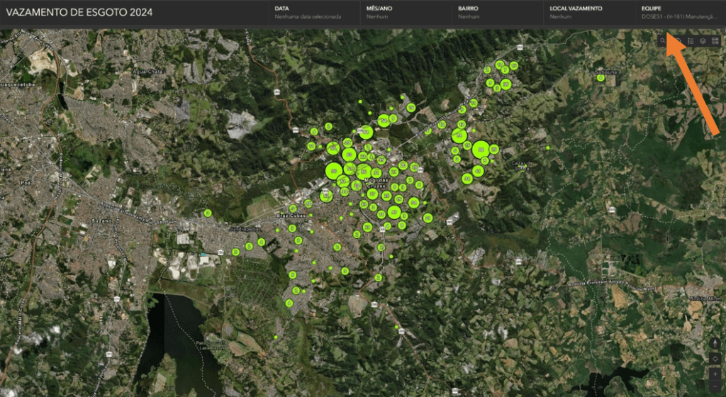 Mapa do Dashboard de vazamento de esgoto 2024, exibindo os pontos de vazamento no município de Mogi das Cruzes, filtrados pela equipe DOSES1 (V-181).